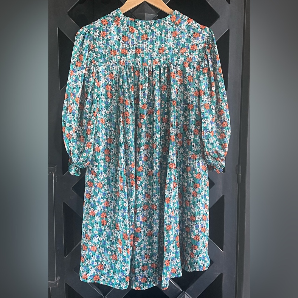 Umgee Teal Floral Puff Sleeve Metallic Babydoll Dress - Size S - VGC - Picture 2 of 9
